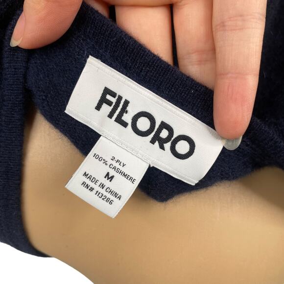 Filoro 100% Cashmere Navy Blue Crew Neck Flutter Sleeve Sweater Knit Top SZ M - Picture 7 of 7